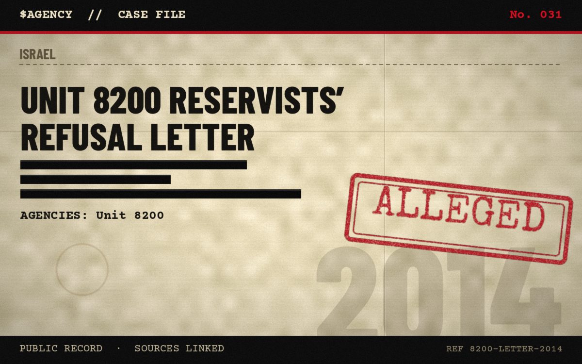 Case file poster: Unit 8200 reservists’ refusal letter, 2014, tagged Alleged