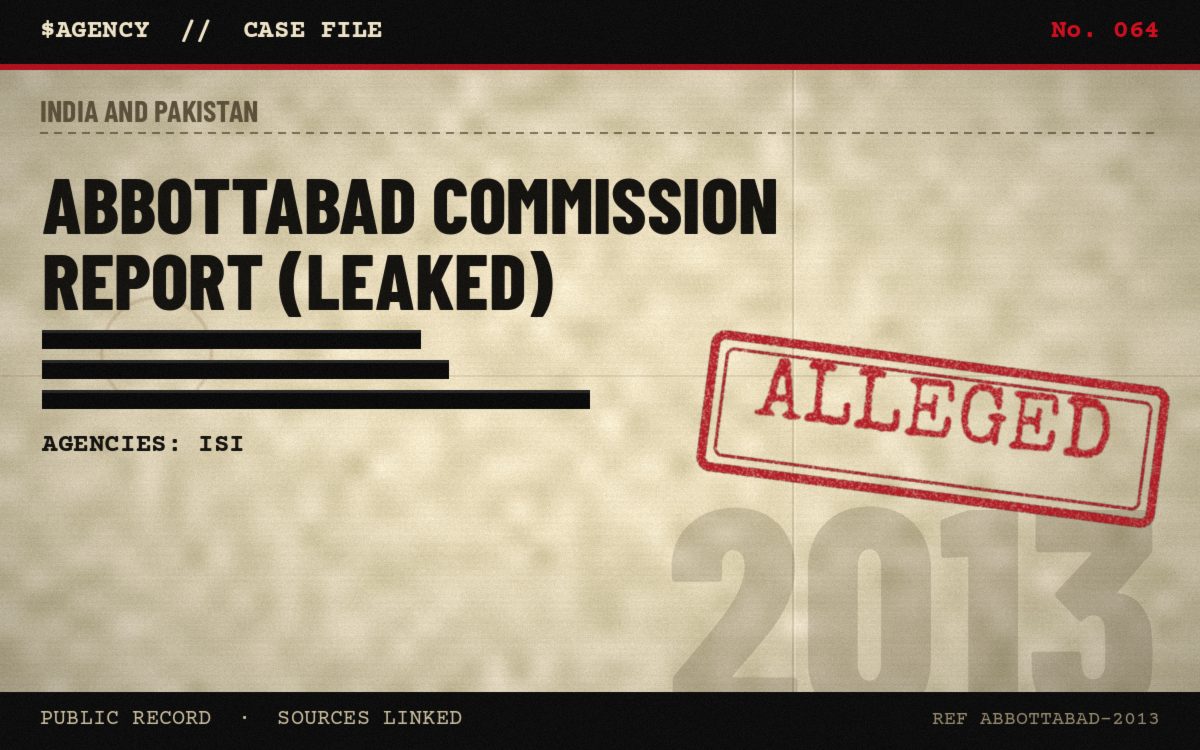 Case file poster: Abbottabad Commission report (leaked), 2013, tagged Alleged