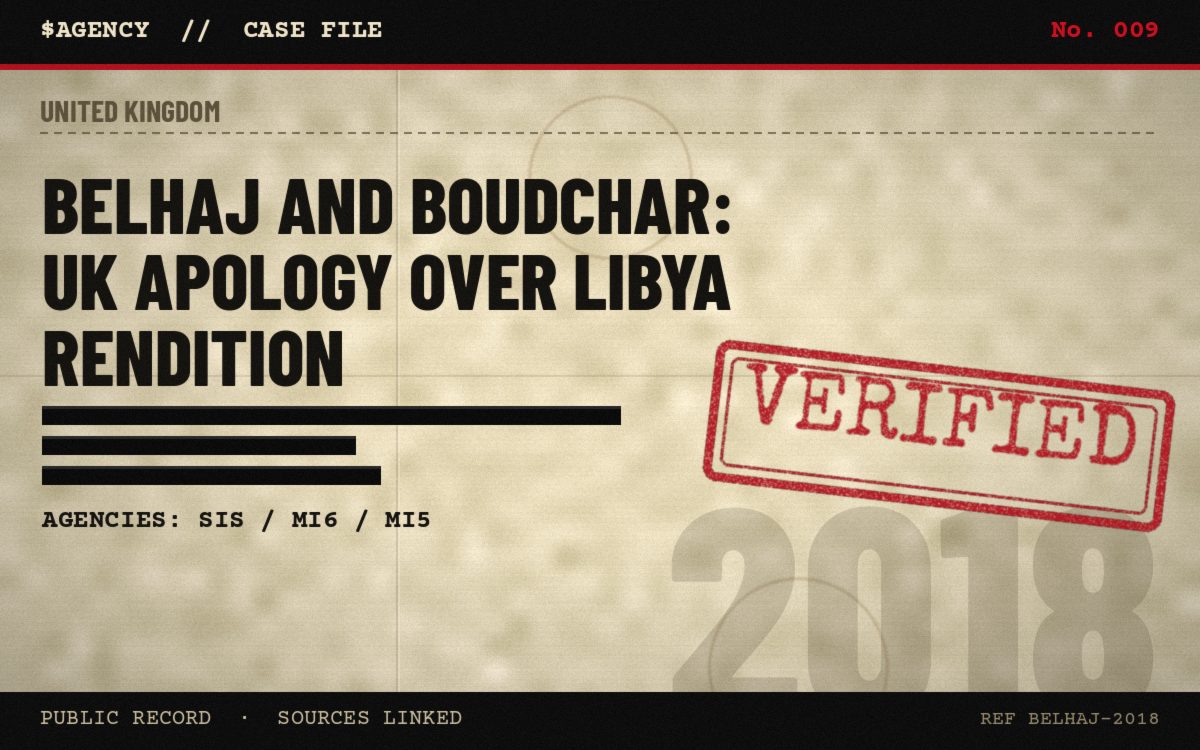 Case file poster: Belhaj and Boudchar: UK apology over Libya rendition, 2018, tagged Verified