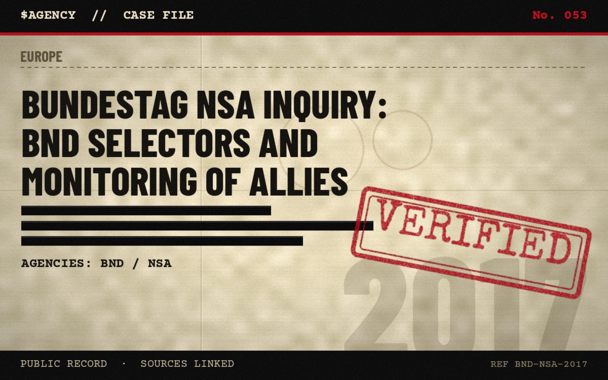 Case file poster: Bundestag NSA inquiry: BND selectors and monitoring of allies, 2017, tagged Verified