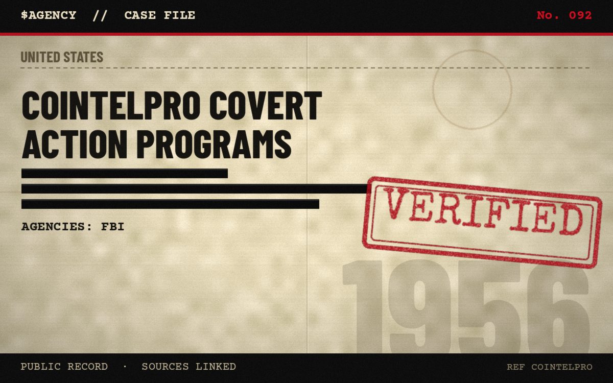 Case file poster: COINTELPRO covert action programs, 1956, tagged Verified