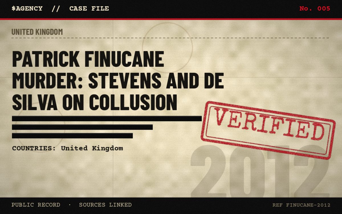 Case file poster: Patrick Finucane murder: Stevens and de Silva on collusion, 2012, tagged Verified