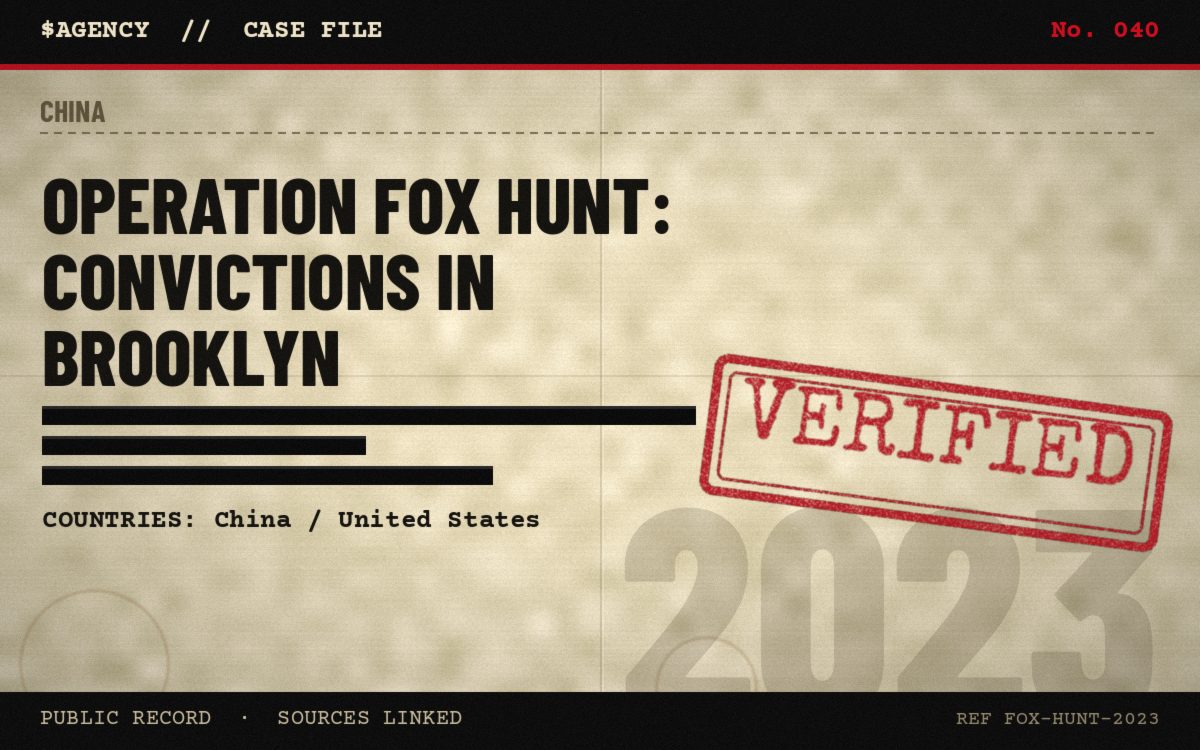 Case file poster: Operation Fox Hunt: convictions in Brooklyn, 2023, tagged Verified