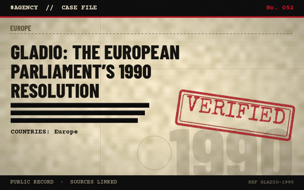 Case file poster: Gladio: the European Parliament’s 1990 resolution, 1990, tagged Verified
