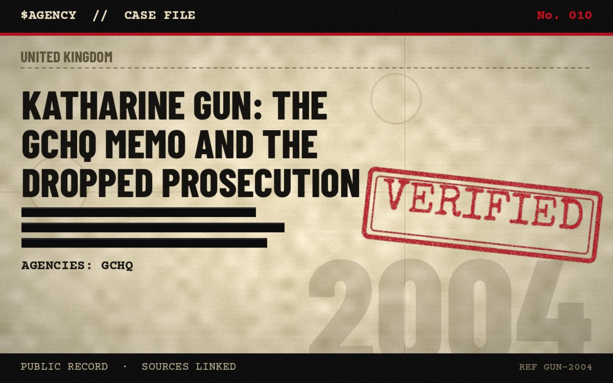 Case file poster: Katharine Gun: the GCHQ memo and the dropped prosecution, 2004, tagged Verified
