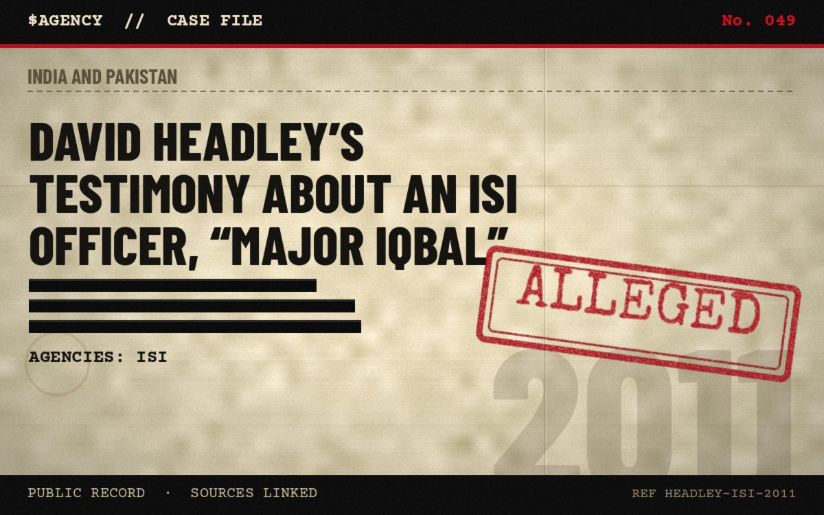 Case file poster: David Headley’s testimony about an ISI officer, “Major Iqbal”, 2011, tagged Alleged
