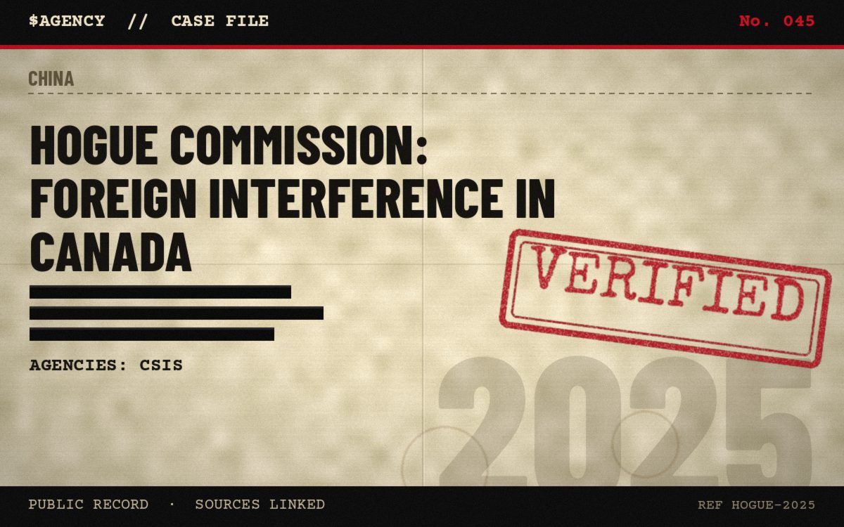 Case file poster: Hogue Commission: foreign interference in Canada, 2025, tagged Verified