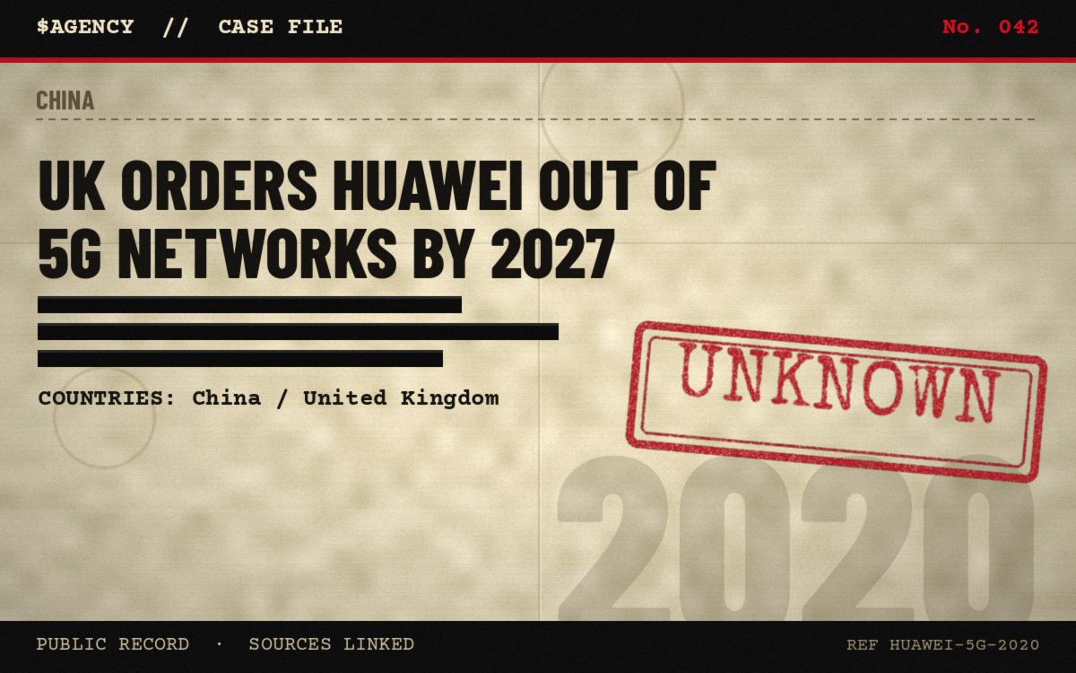 Case file poster: UK orders Huawei out of 5G networks by 2027, 2020, tagged Unknown