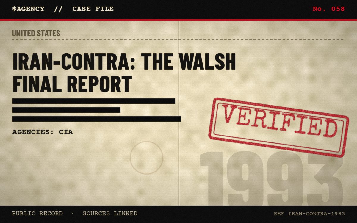 Case file poster: Iran-Contra: the Walsh final report, 1993, tagged Verified