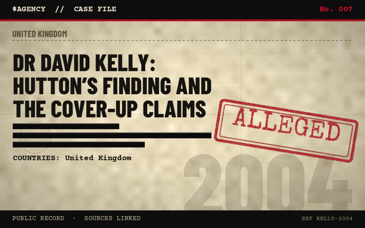 Case file poster: Dr David Kelly: Hutton’s finding and the cover-up claims, 2004, tagged Alleged