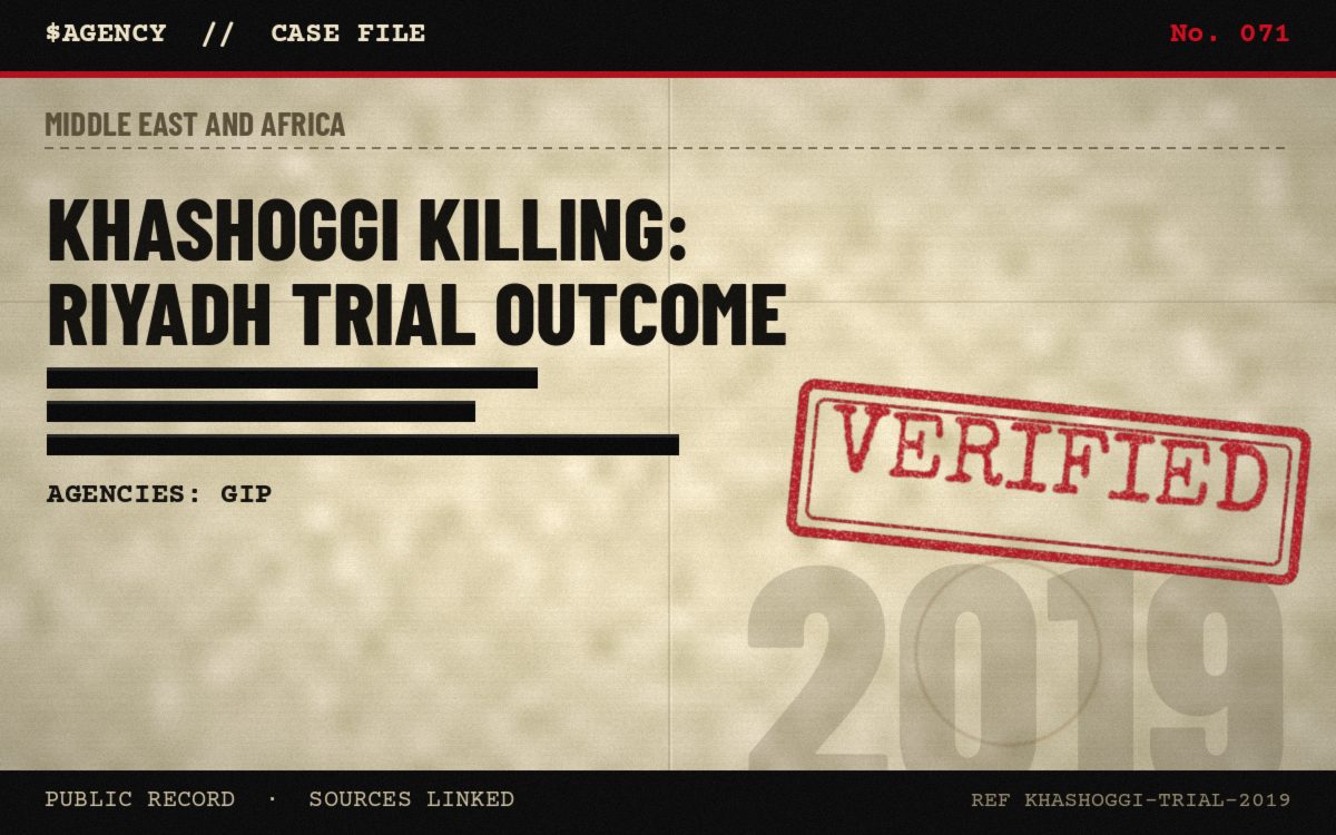 Case file poster: Khashoggi killing: Riyadh trial outcome, 2019, tagged Verified