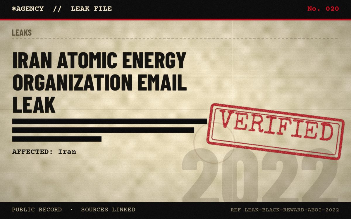 Leak file poster: Iran Atomic Energy Organization email leak, 2022, tagged Verified