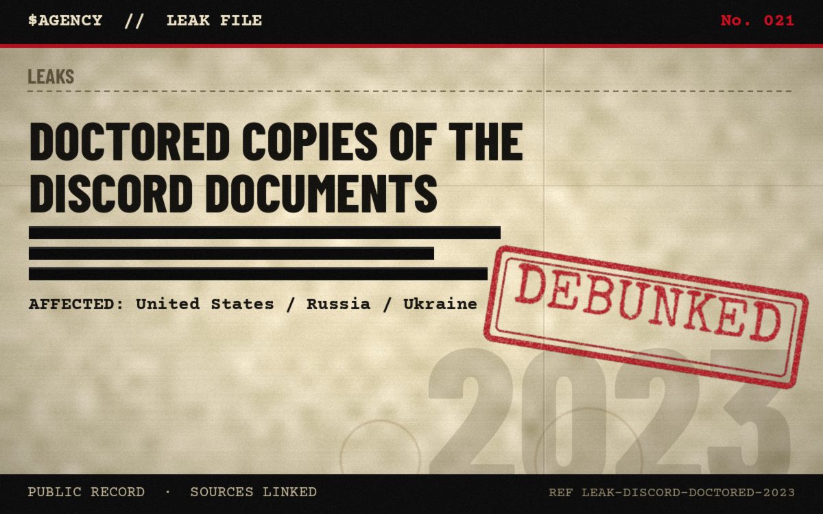 Leak file poster: Doctored copies of the Discord documents, 2023, tagged Debunked