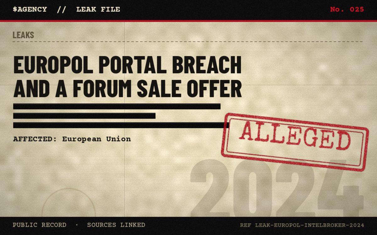 Leak file poster: Europol portal breach and a forum sale offer, 2024, tagged Alleged