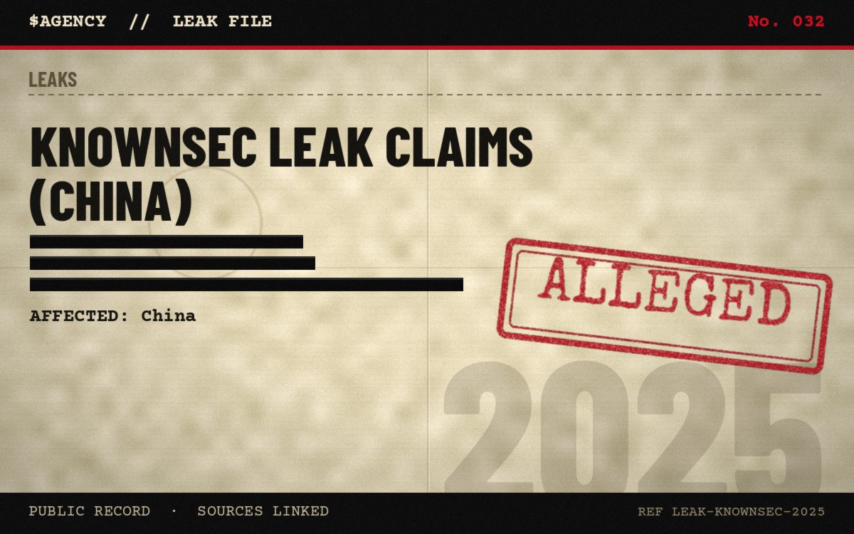 Leak file poster: Knownsec leak claims (China), 2025, tagged Alleged