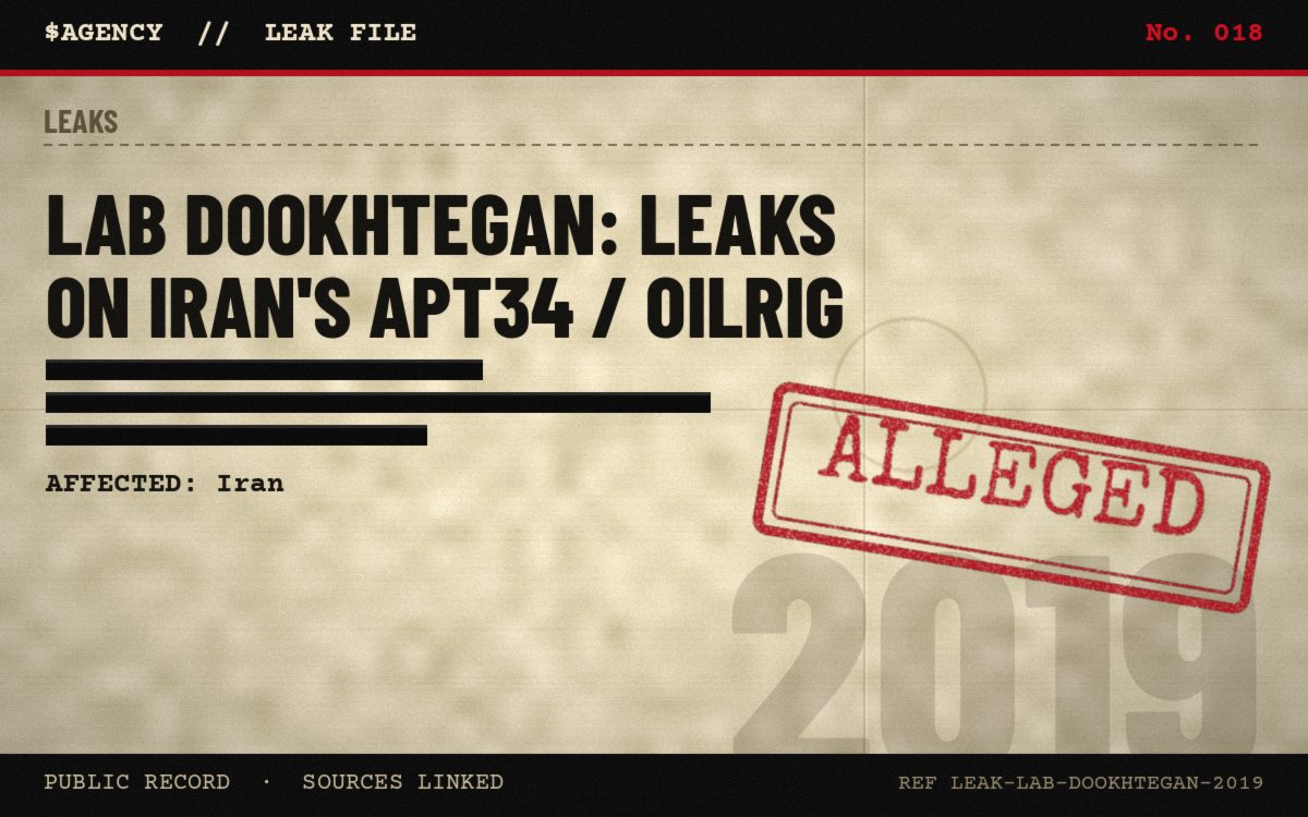 Leak file poster: Lab Dookhtegan: leaks on Iran's APT34 / OilRig, 2019, tagged Alleged