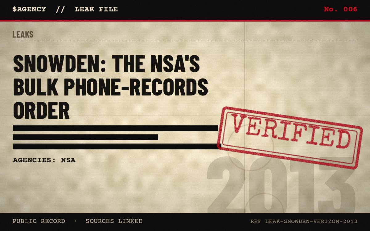 Leak file poster: Snowden: the NSA's bulk phone-records order, 2013, tagged Verified