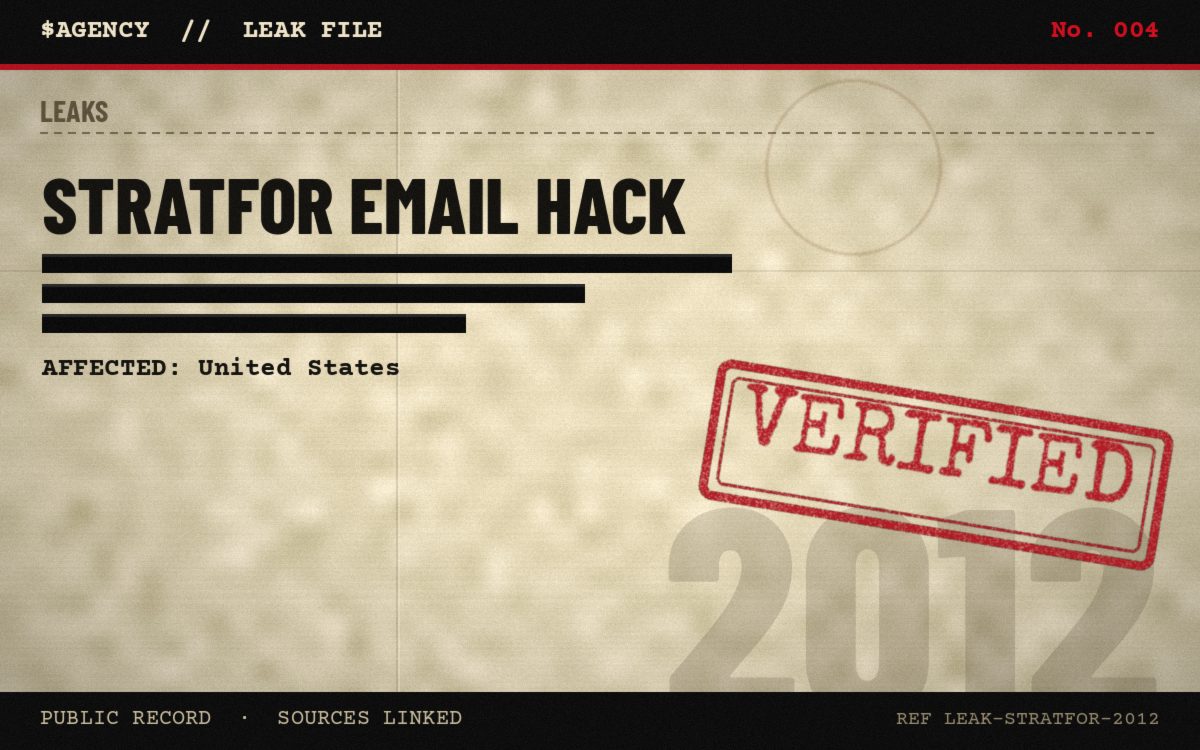 Leak file poster: Stratfor email hack, 2012, tagged Verified