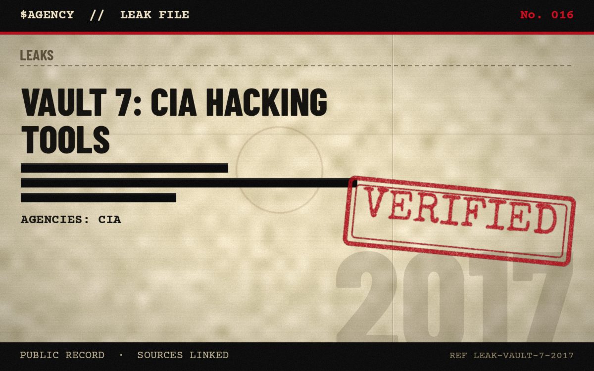 Leak file poster: Vault 7: CIA hacking tools, 2017, tagged Verified