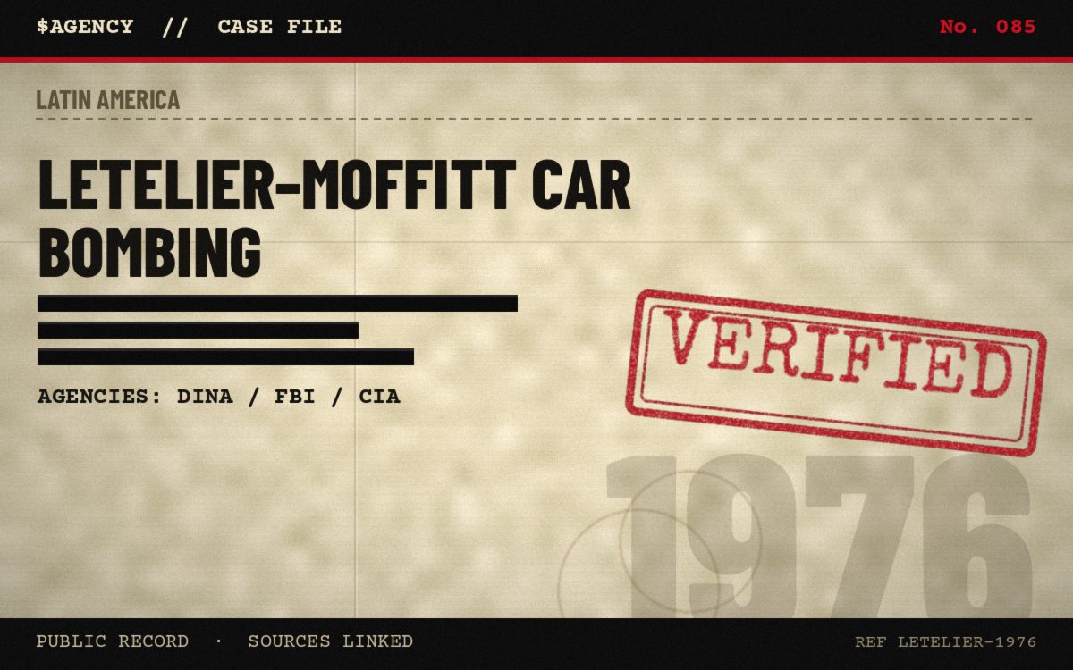 Case file poster: Letelier–Moffitt car bombing, 1976, tagged Verified