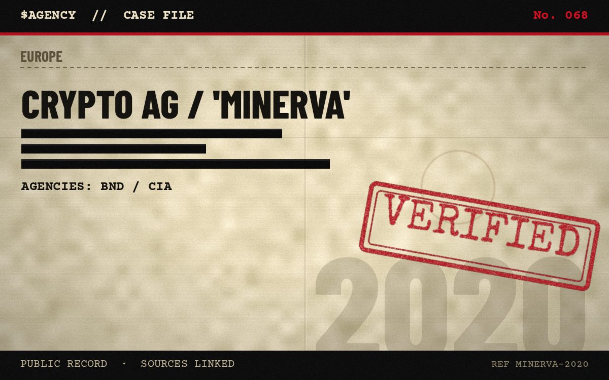 Case file poster: Crypto AG / 'Minerva', 2020, tagged Verified