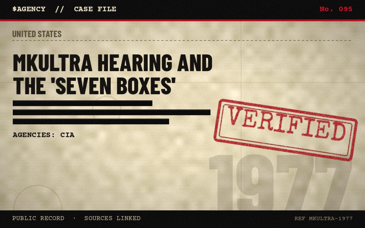 Case file poster: MKUltra hearing and the 'seven boxes', 1977, tagged Verified