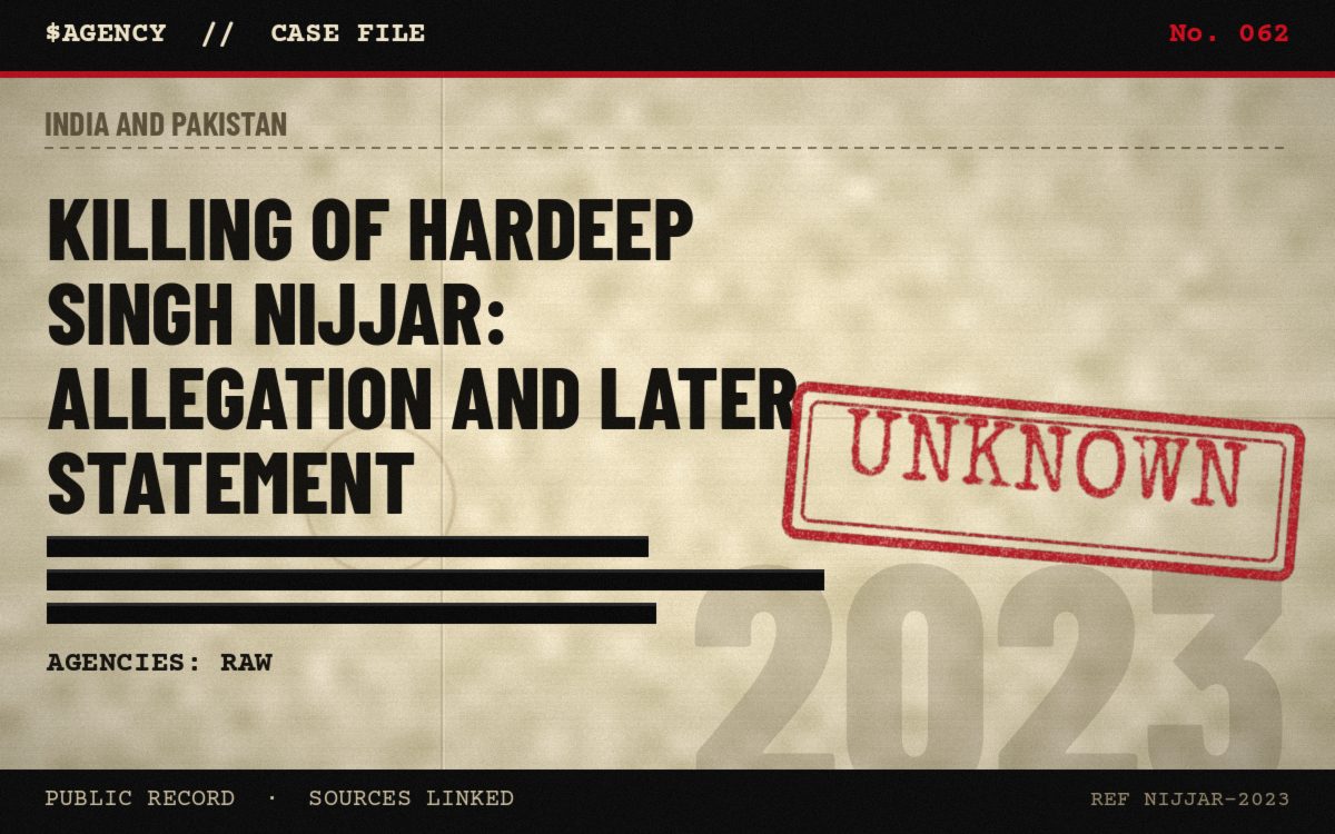 Case file poster: Killing of Hardeep Singh Nijjar: allegation and later statement, 2023, tagged Unknown