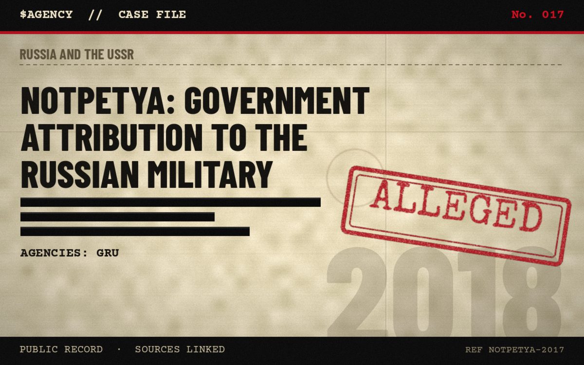 Case file poster: NotPetya: government attribution to the Russian military, 2018, tagged Alleged