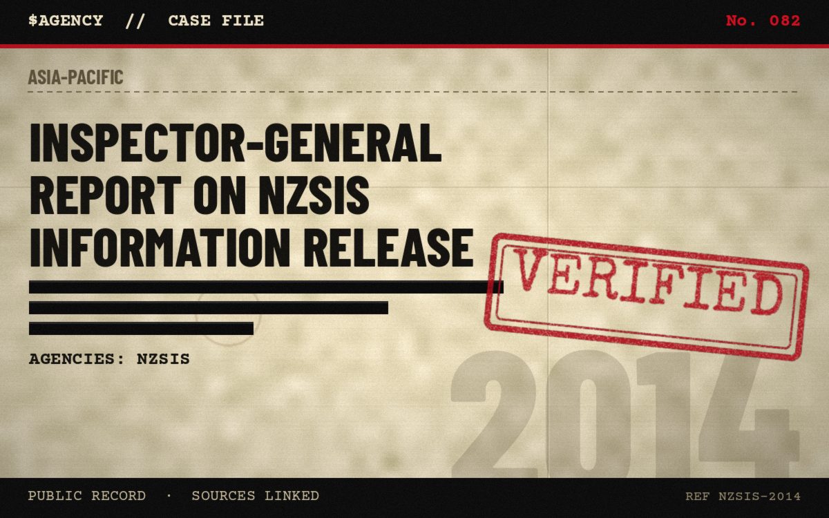 Case file poster: Inspector-General report on NZSIS information release, 2014, tagged Verified