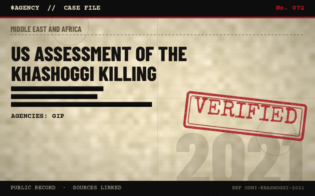 Case file poster: US assessment of the Khashoggi killing, 2021, tagged Verified