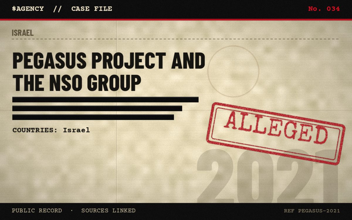 Case file poster: Pegasus Project and the NSO Group, 2021, tagged Alleged
