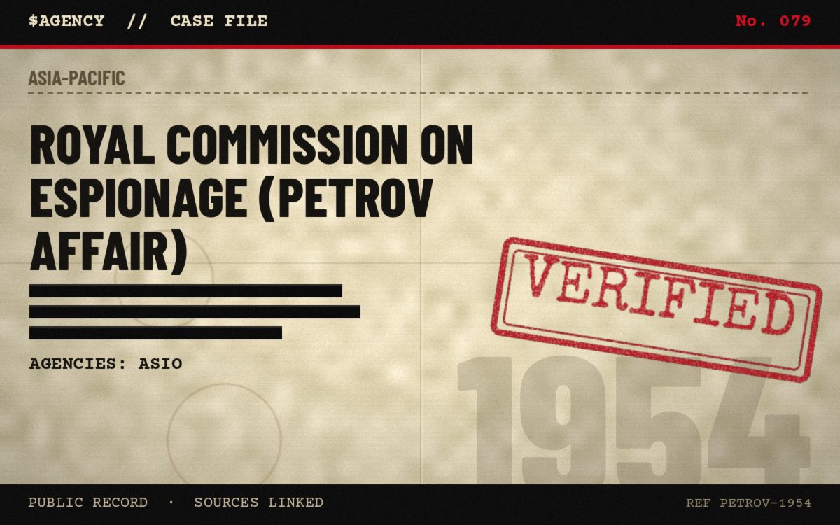 Case file poster: Royal Commission on Espionage (Petrov affair), 1954, tagged Verified