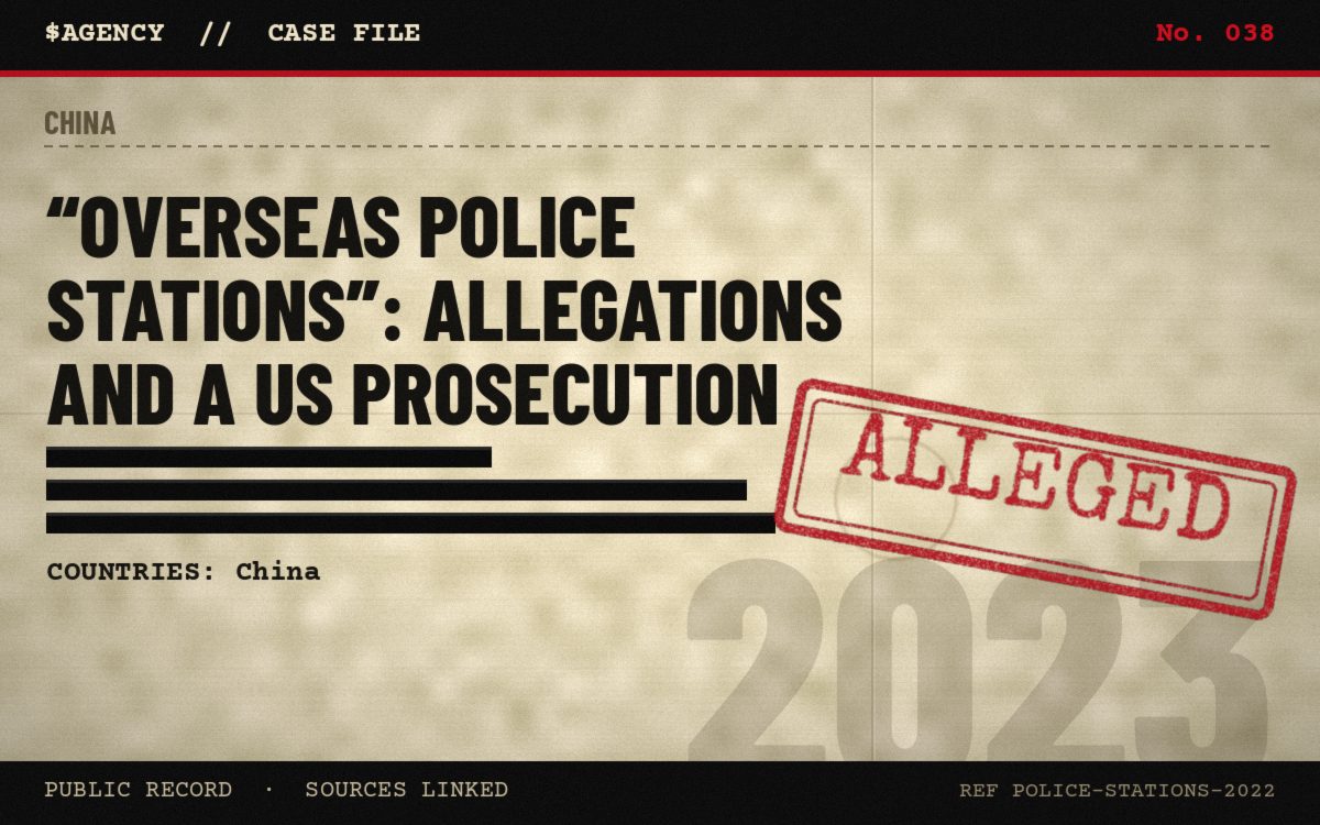 Case file poster: “Overseas police stations”: allegations and a US prosecution, 2023, tagged Alleged