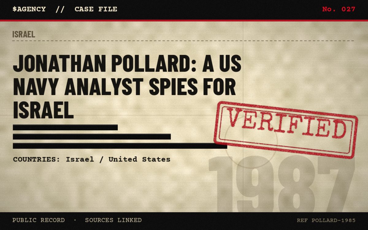 Case file poster: Jonathan Pollard: a US Navy analyst spies for Israel, 1987, tagged Verified