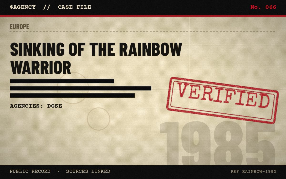 Case file poster: Sinking of the Rainbow Warrior, 1985, tagged Verified