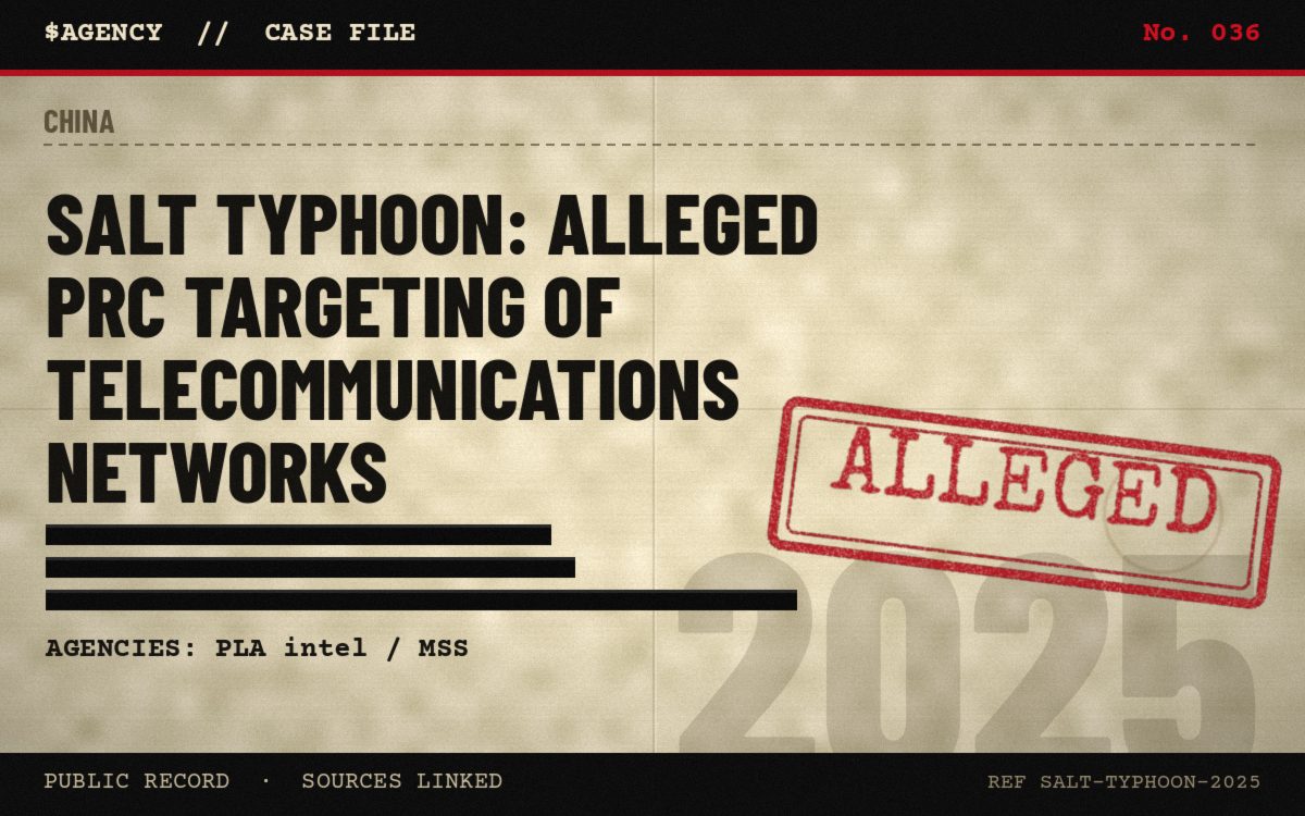 Case file poster: Salt Typhoon: alleged PRC targeting of telecommunications networks, 2025, tagged Alleged