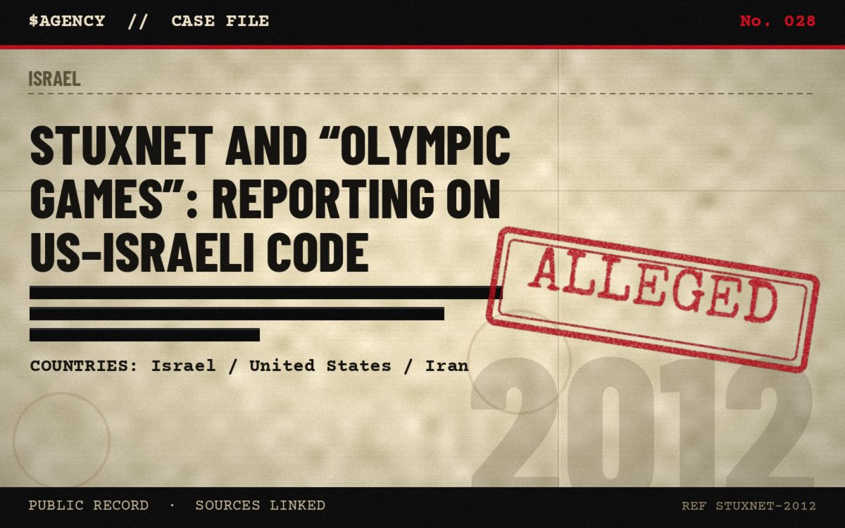 Case file poster: Stuxnet and “Olympic Games”: reporting on US–Israeli code, 2012, tagged Alleged