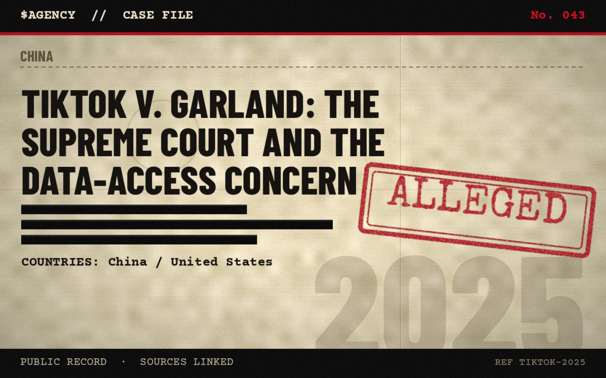 Case file poster: TikTok v. Garland: the Supreme Court and the data-access concern, 2025, tagged Alleged