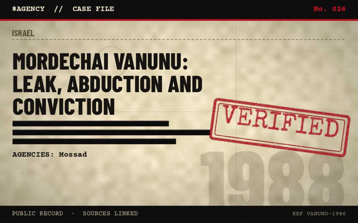 Case file poster: Mordechai Vanunu: leak, abduction and conviction, 1988, tagged Verified