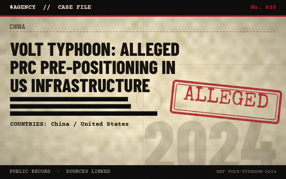 Case file poster: Volt Typhoon: alleged PRC pre-positioning in US infrastructure, 2024, tagged Alleged