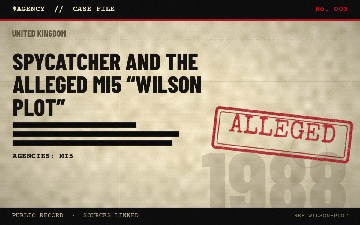 Case file poster: Spycatcher and the alleged MI5 “Wilson plot”, 1988, tagged Alleged