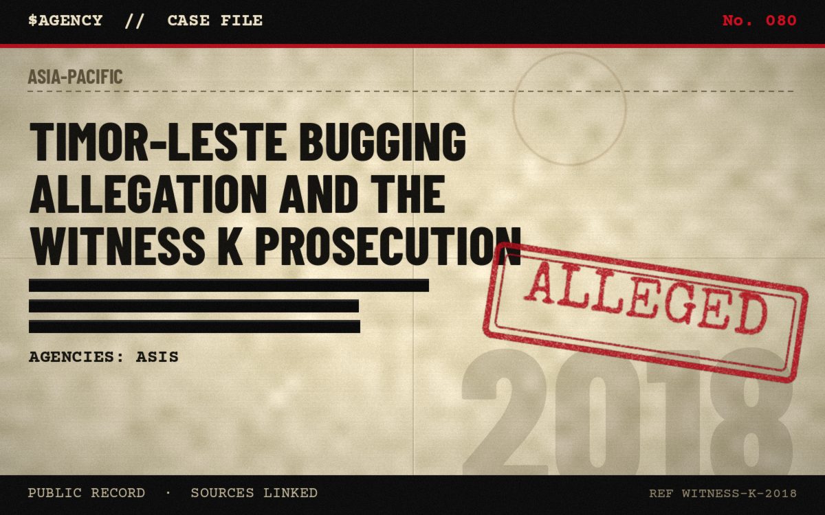 Case file poster: Timor-Leste bugging allegation and the Witness K prosecution, 2018, tagged Alleged